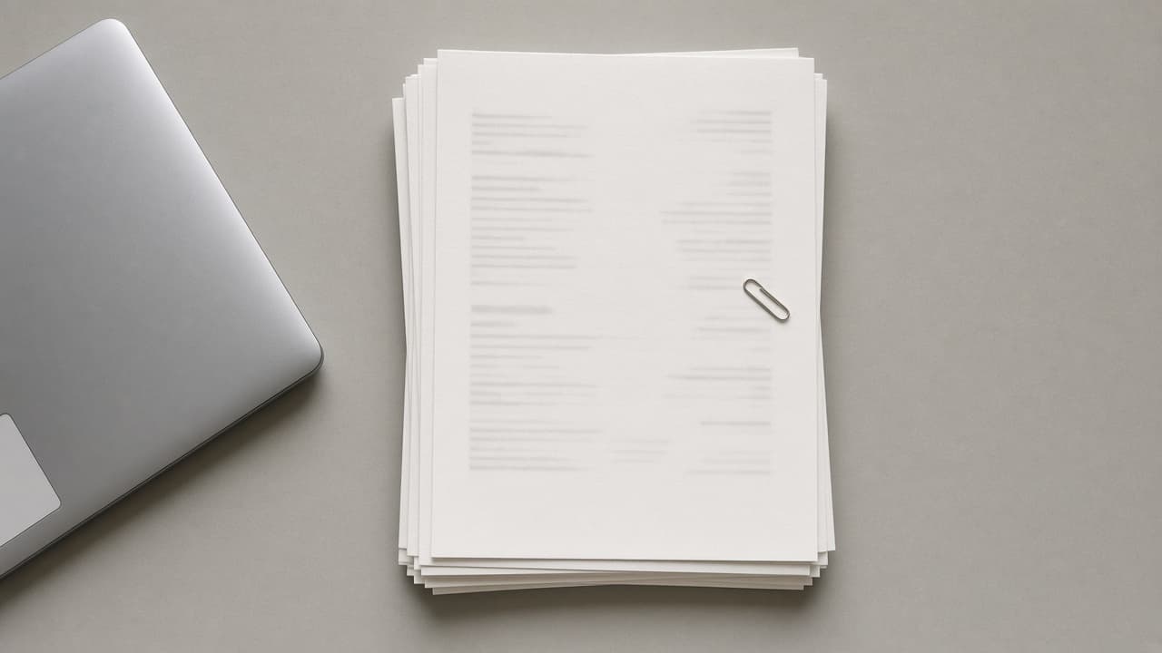 A stack of paper utility bills next to a laptop, seen from above
