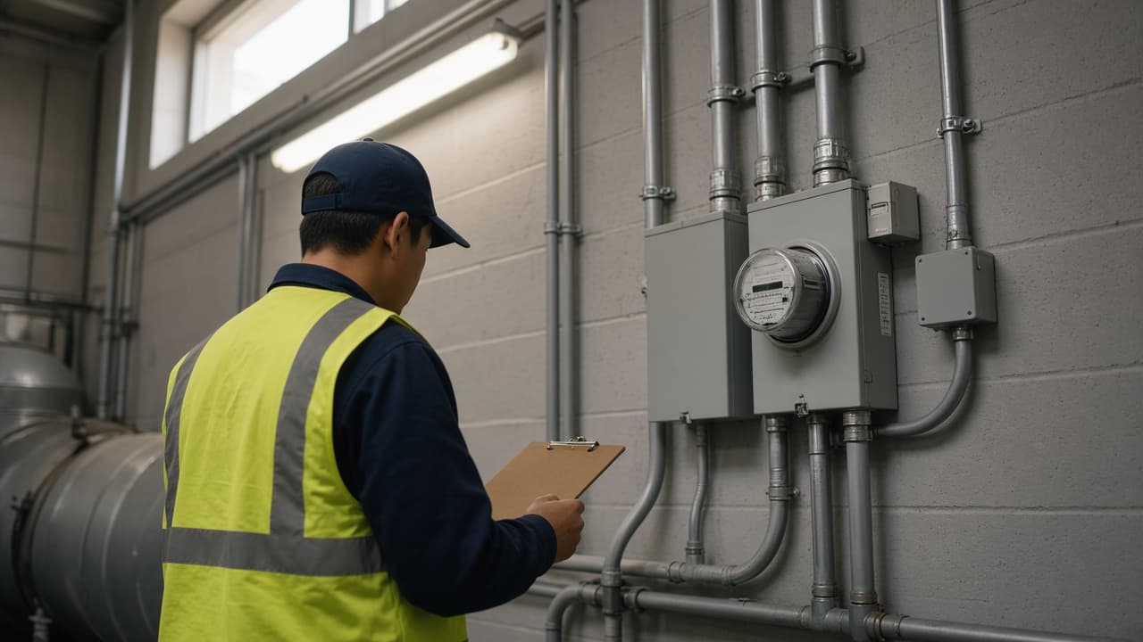 An energy verifier reading a meter in a building mechanical room