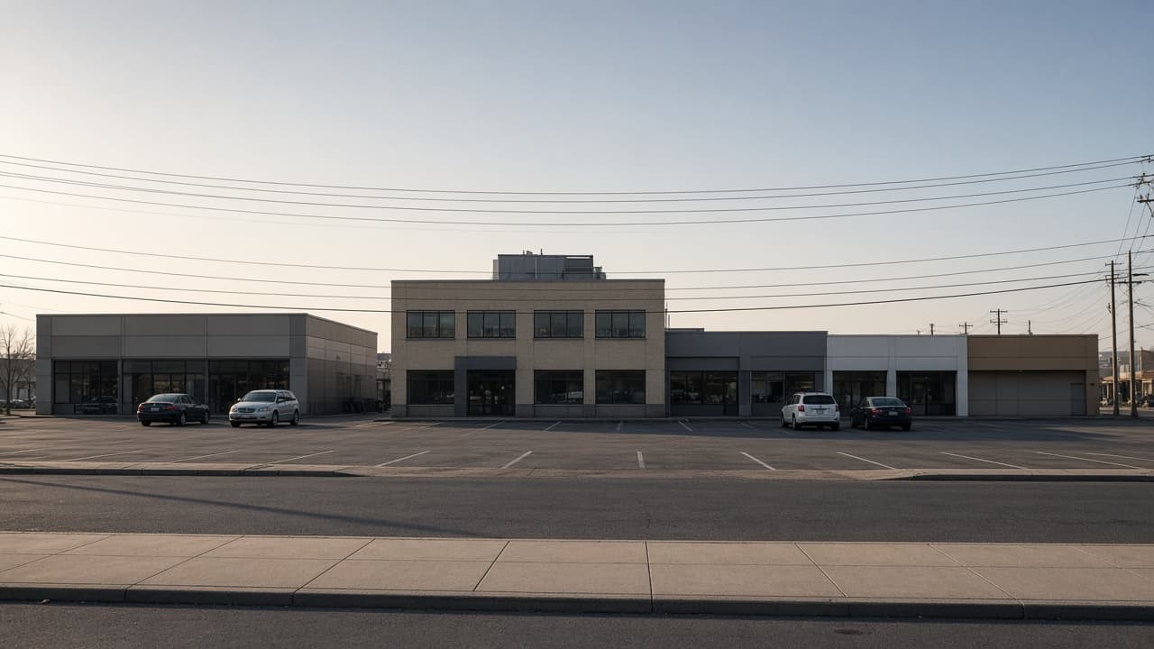 A low-rise commercial plaza on the Queensway in Mississauga in late afternoon