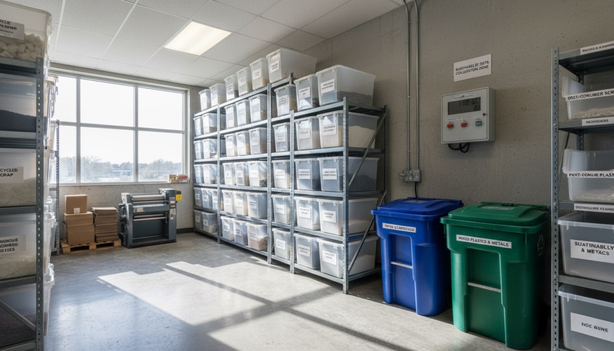 Wide-angle view of a small manufacturing shelf with labelled materials and energy meters nearby.