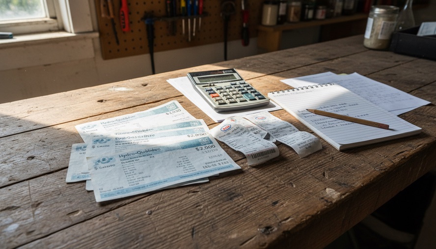 Close-up view of utility bills, fuel receipts, and a calculator on a rough wooden workbench.