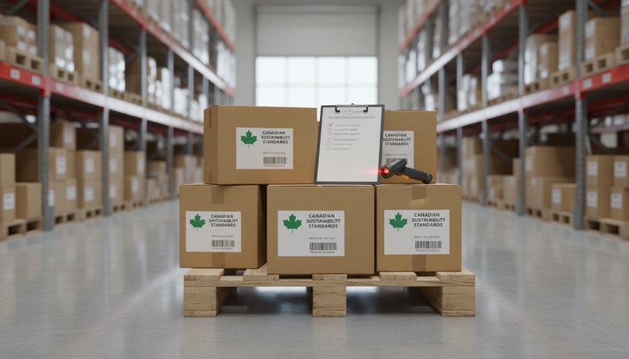 Labelled shipping boxes on a pallet in a warehouse, with a supplier checklist on a clipboard and a barcode scanner.
