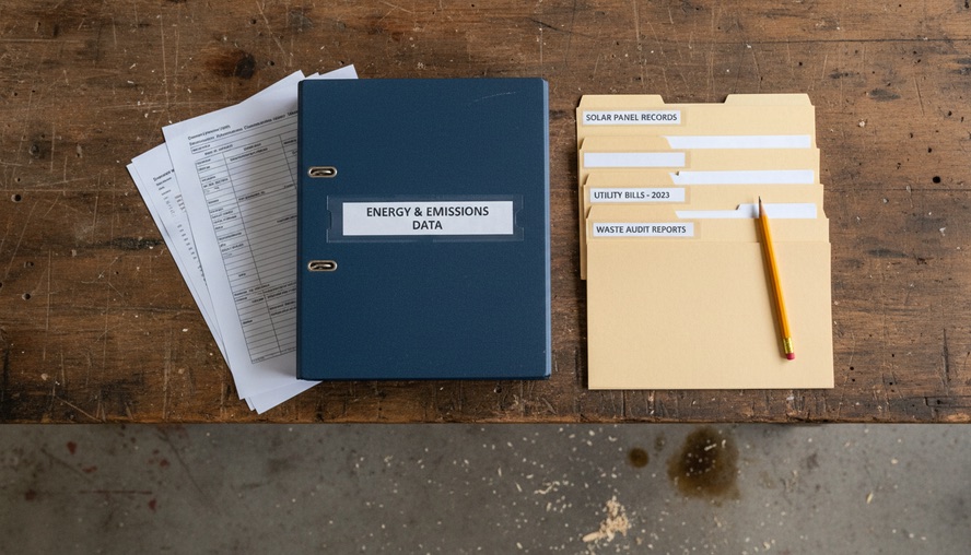 A binder labelled Energy and Emissions Data beside printed tables and labelled file folders on a wooden desk.