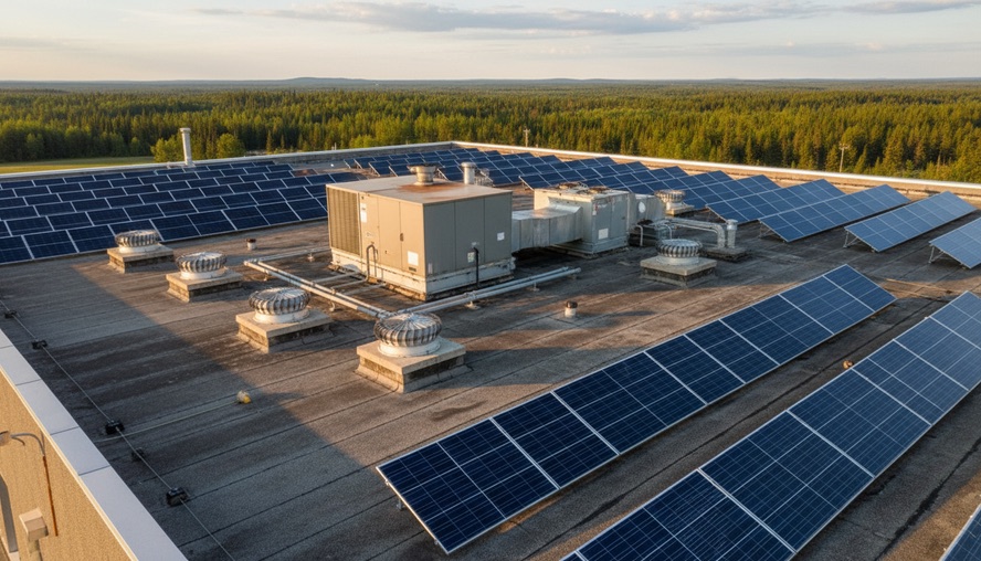 Wide-angle view of an industrial rooftop with solar panels and ventilation units.