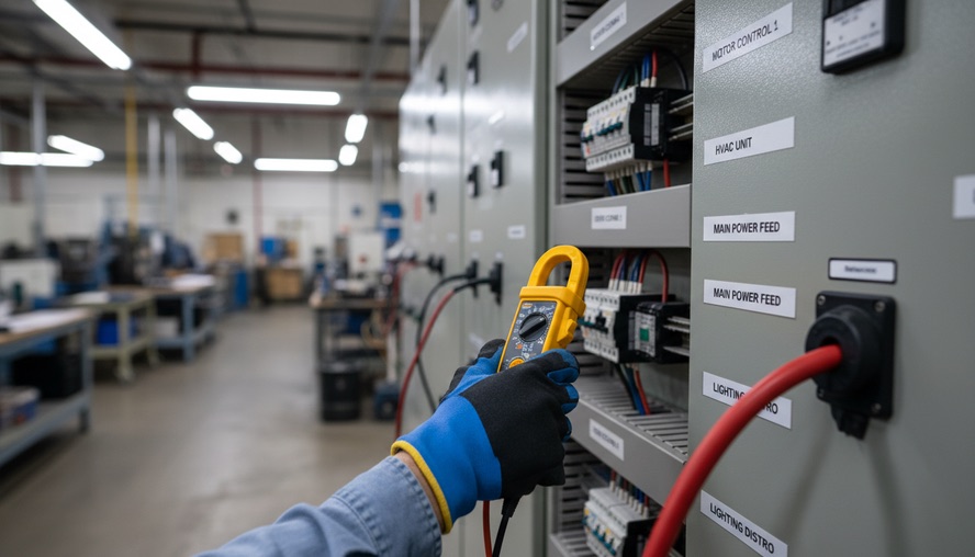 Close-up view of a technician's hand checking an energy meter beside electrical panels.