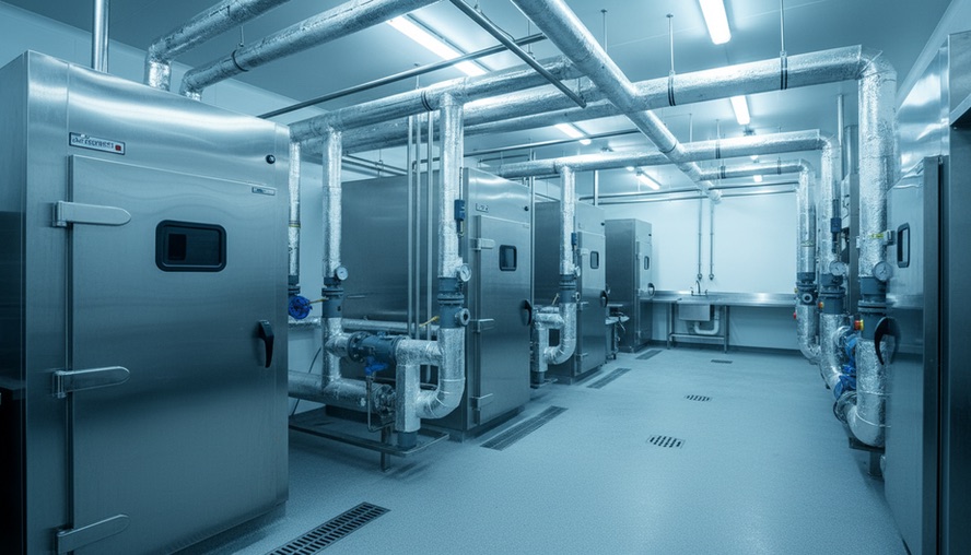 Eye-level view of refrigeration equipment inside a small food processing facility.