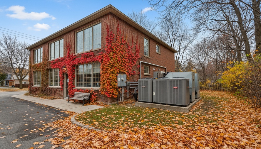 Wide-angle view of heat pump equipment beside a small commercial building in autumn.